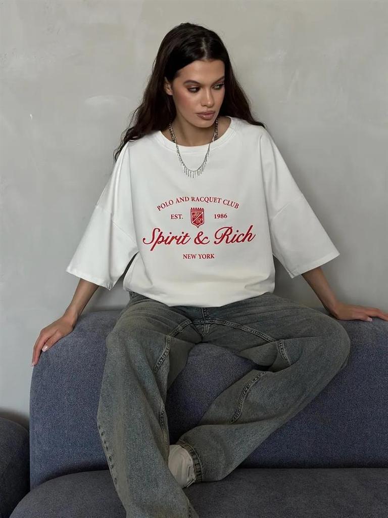 Luxury European and American Mid-Length Printed Summer T-Shirt, 2025 Trendy Short-Sleeve Style