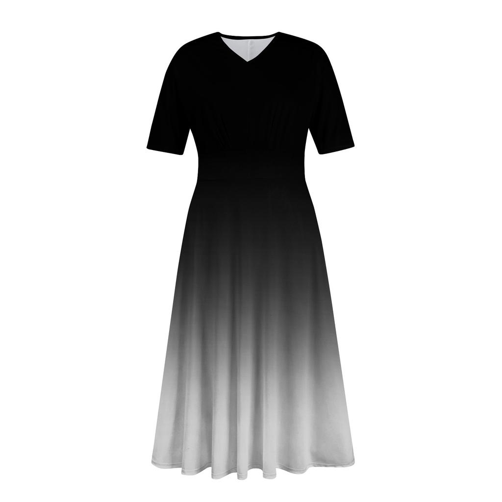 Женское повседневное модное платье с цветным V-образным вырезом и коротким рукавом на талии, длинное свободное платье