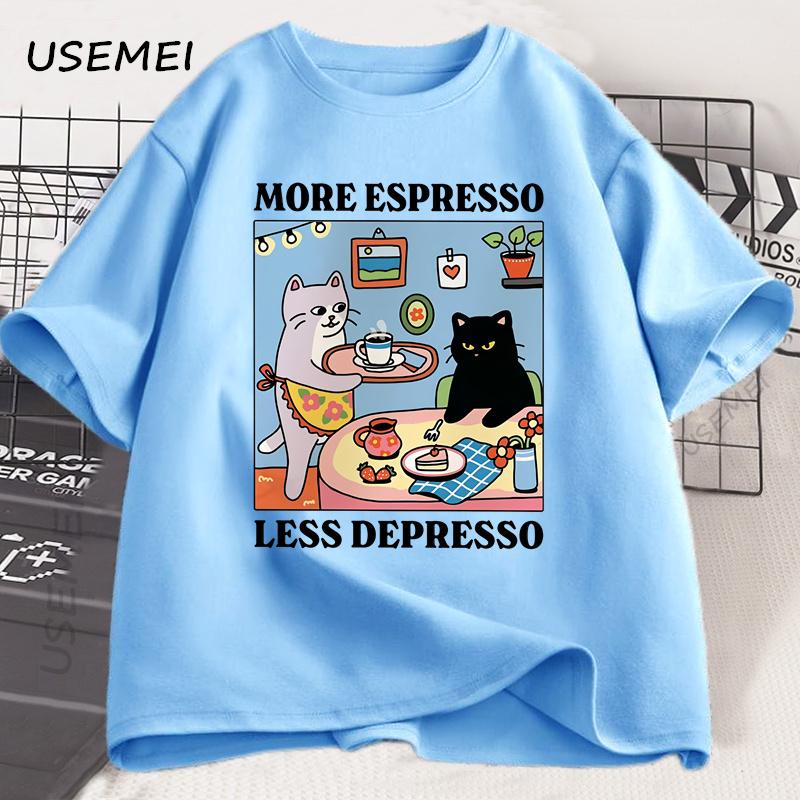 More Espresso Less Depresso Black Cat Tshirt Unisex Women Funny Coffee Cat T Shirt Casual Summer Cotton Short Sleeve Tshirt Tops