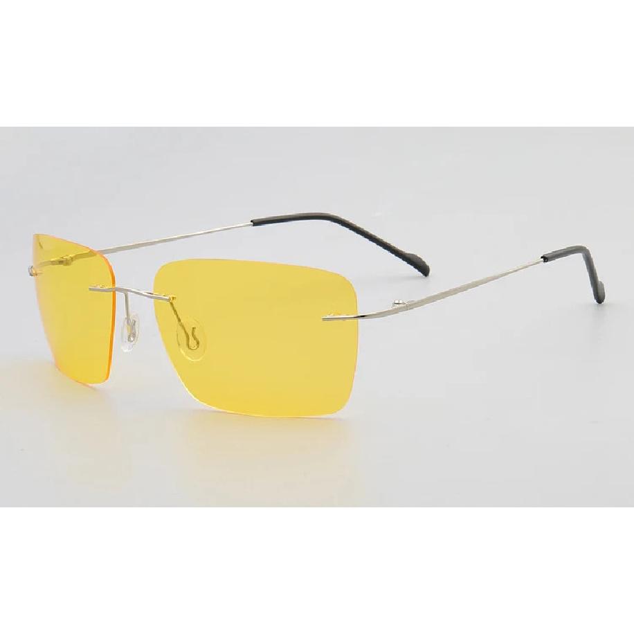 Classic Rectangle Mens Sun Glasses Metal Rimless Sunglasses Womens Polarized UV400 Driving Frames Yellow Brown Night Vision Lens