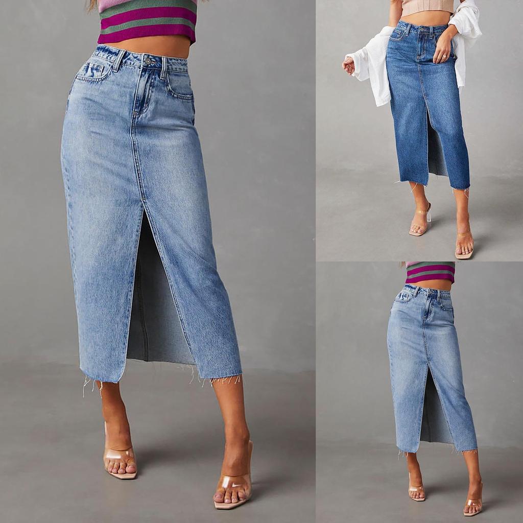 Women's Split Denim Skirt Women's High-waisted Washed A-line Skirt MIDI Skirt