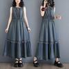 Plus Size Summer Women Denim Sleeveless Dress Casual Loose Oversized Long Vintage Pleated Dress