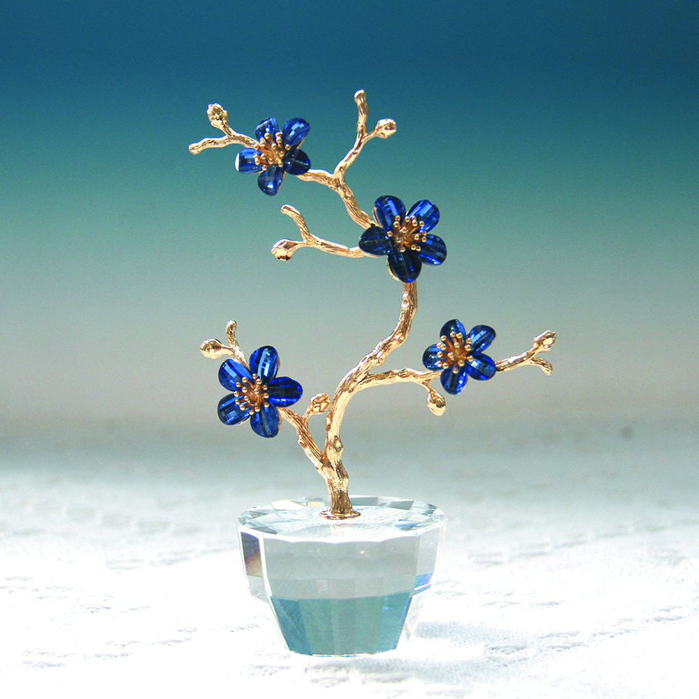 K9 Crystal Plum Flower Ornament with Pot Base Glass Artificial Simulation Flower for Home Wedding Party Decor Souvenir Gift
