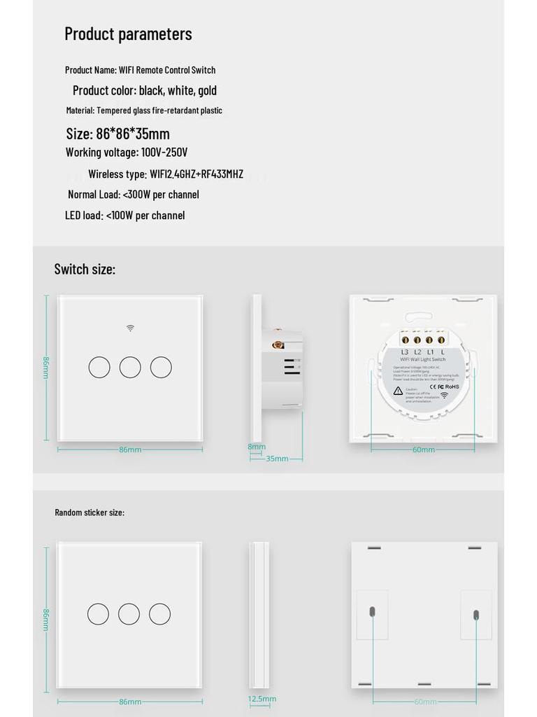 Smart WiFi & RF433 Touch Switch with European & UK Standards - Compatible with Smart Life/Tuya