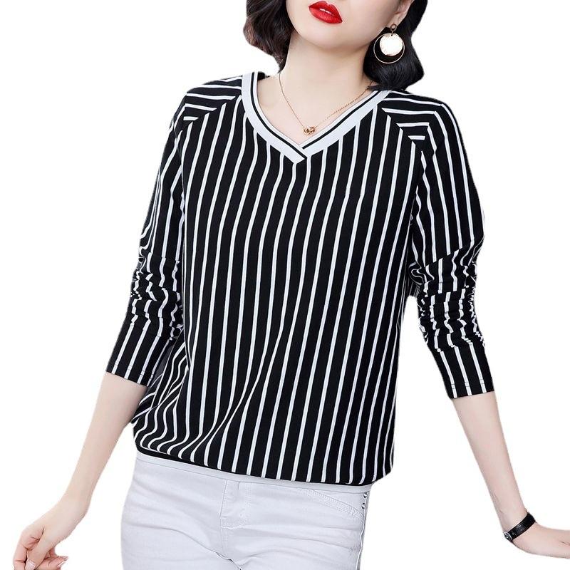 Women's Plus Size Striped Long Sleeves Pullover Tops Winter Pullover V Neck Long Sleeve Office Bottom Pullover