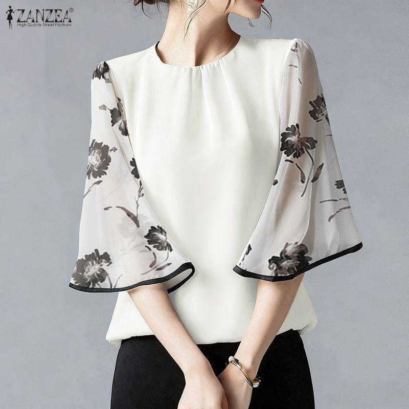 ZANZEA Женская повседневная блузка с круглым вырезом, свободного кроя, с полурукавом