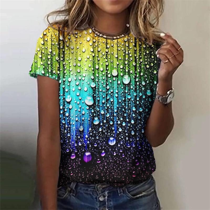 Colorful Droplet Pattern T-Shirt For Women Gradient 3D Printed Short Sleeves Summer Tees Oversized T Shirts Round Neck Tops