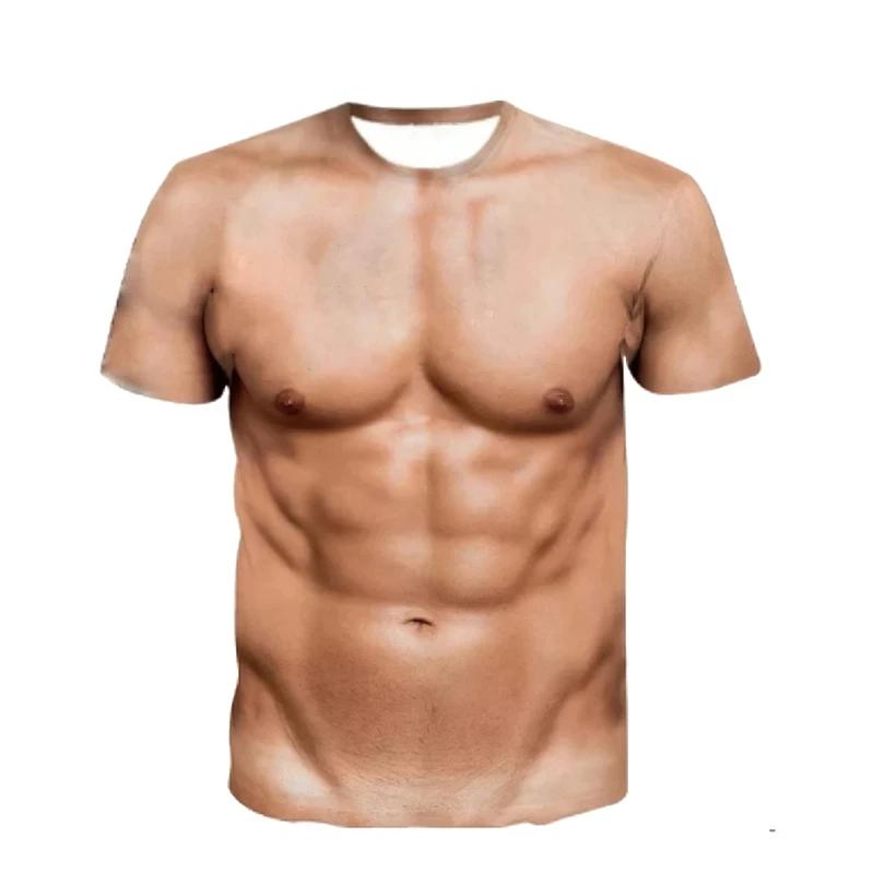 3D Print Fake Muscle Sports Quick-dry Breathable Men T-shirt Outdoor Street Fun Cosplay Party Parent-child Short Sleeve Clothing