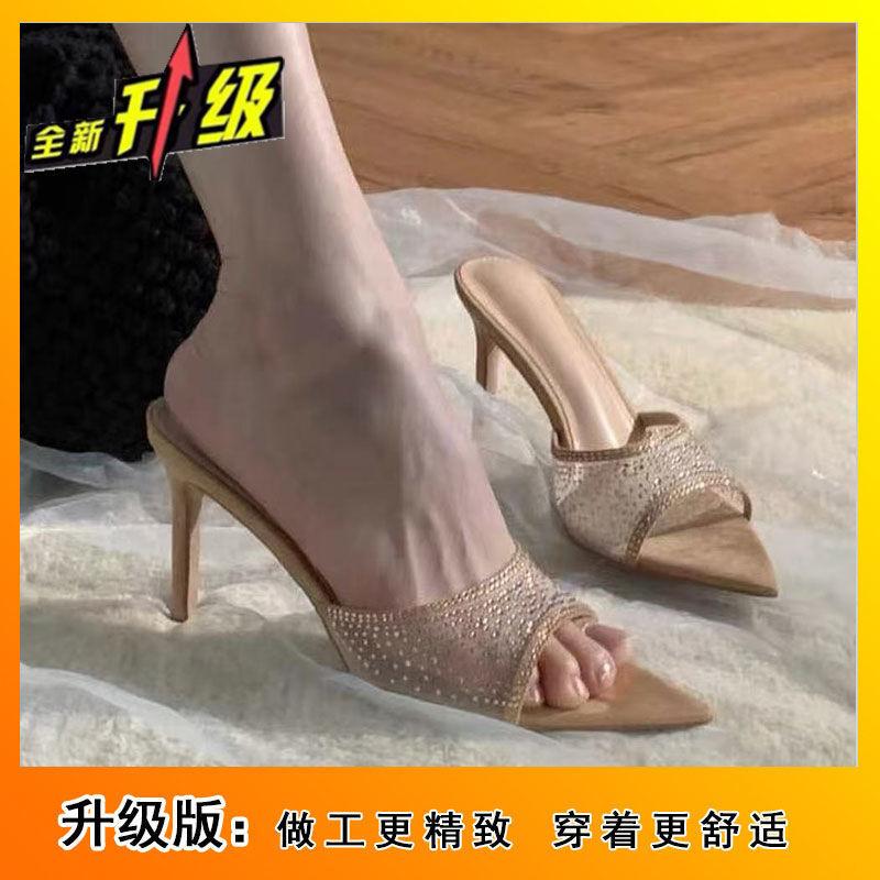 Высококачественная сетчатая пряжа со стразами, полудрагоценная, летняя новая модель 2025 года, модная верхняя одежда, не надоедает, женские босоножки с одним словом на высоком каблуке