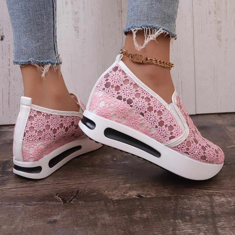 Весенне-летние женские повседневные туфли из кружевной сетки и приподнятой танкетки