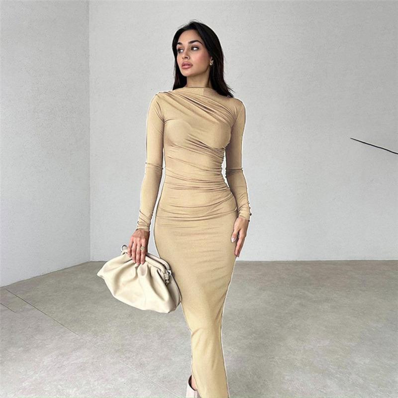 Spring Autumn Slim Fit High-end Feeling Solid Color Temperament Long Hip Hugging Dress for Women