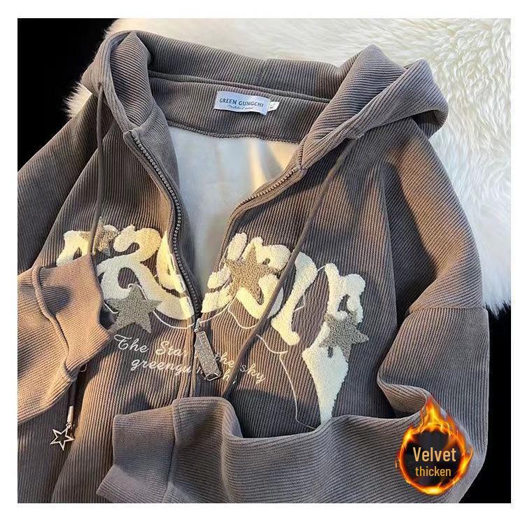 Мужской винтажный вельветовый кардиган с капюшоном на флисовой подкладке