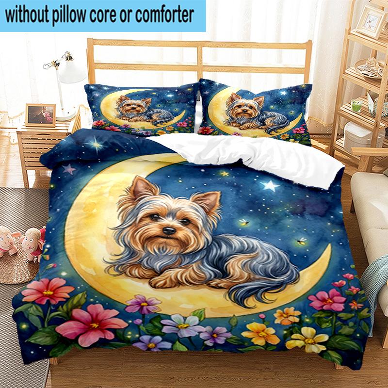 Cherry Blossom Yorkie 3pcs Bedding,Including 1pc Duvet Cover And 2pcs Pillowcases Perfect for Christmas,Ideal for Bedroom, Dormitory