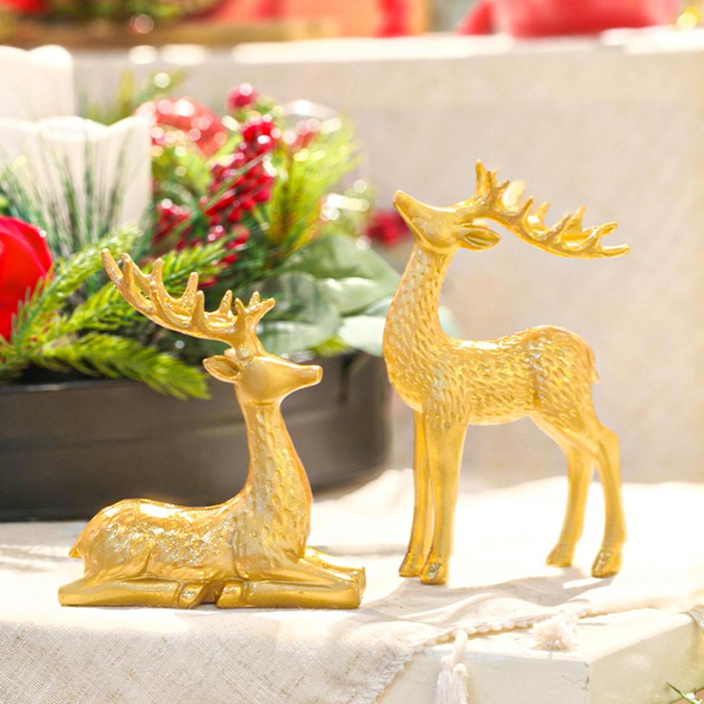 2 Pieces Deer Figurines Desktop Decor Collectible Artwork Ornament Elk Sculpture Resin Statues for