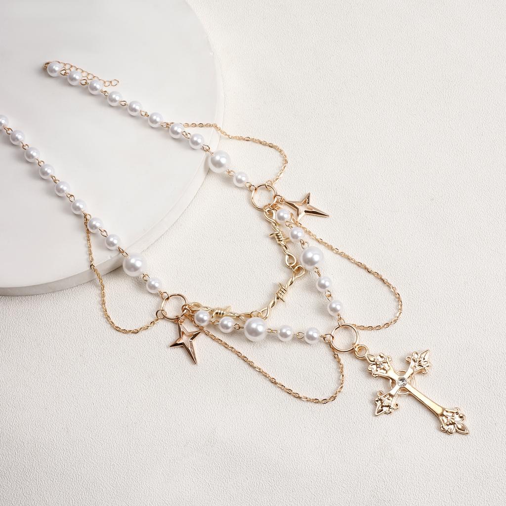 Готическое ожерелье с крестом, цепочка с имитацией жемчуга, многослойное ювелирное изделие из бисера, подарок