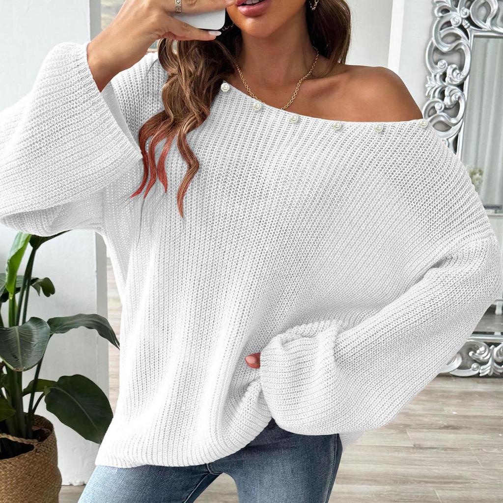 Женский свитер-пуловер с бисером сверху, свободный свитер с открытыми плечами и расклешенными рукавами