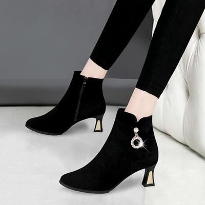 Осень Зима Черные Элегантные на Среднем Каблуке Женские Ботильоны с Острым Носком Замшевые Теплые Ботильоны по Акции Y2k Женская Короткая Обувь
