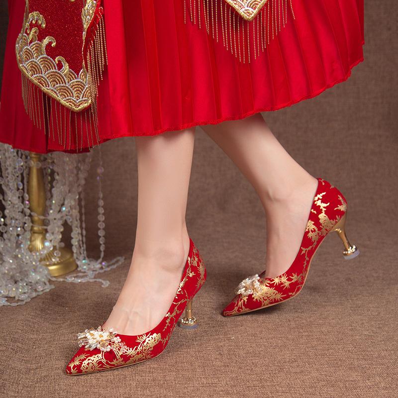 Wedding Shoes Women's New Bridal Shoes Pointed Head Shallow Mouth Xiuhe Shoes Bridesmaid Dress Shoes Thick Heel Wedding Shoes