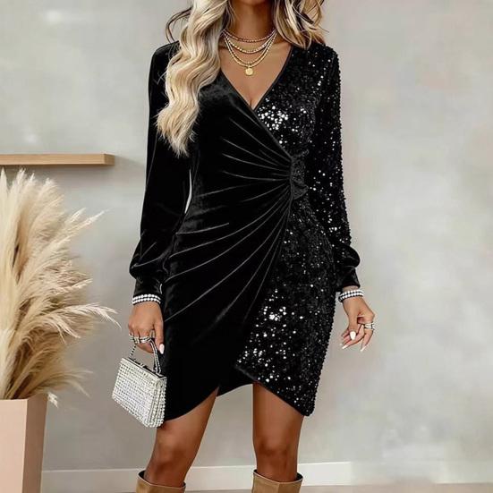Женское мини-платье с запахом из бархата с пайетками, с длинным рукавом и V-образным вырезом, облегающее платье с драпировкой, вечернее платье для гостьи на свадьбу, формальное платье для коктейльной вечеринки