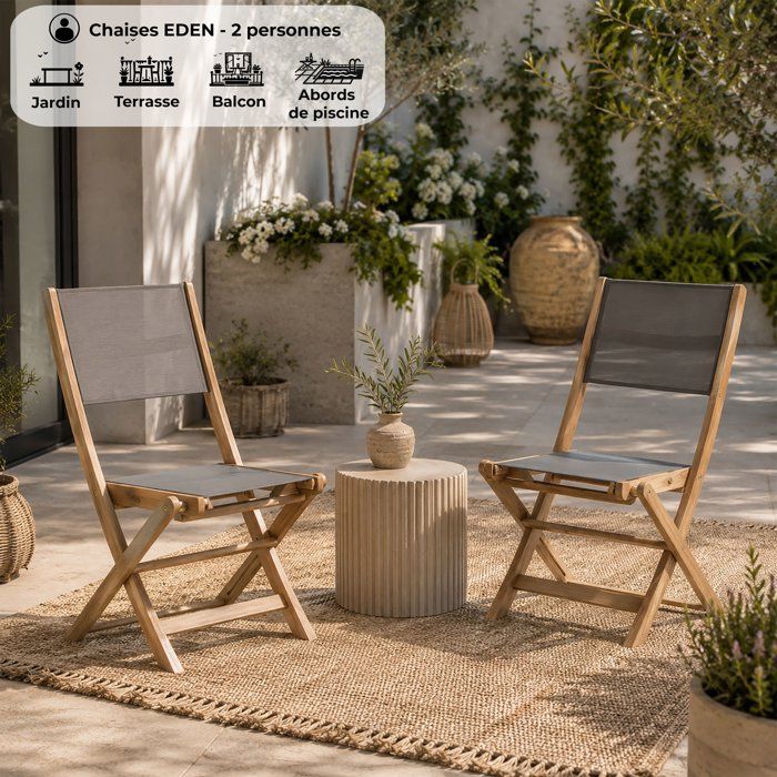 Lot de 2 chaises de jardin pliantes en bois d'acacia FSC - EDEN - Assise textilène - Gris - 58 x 58 x H90 cm