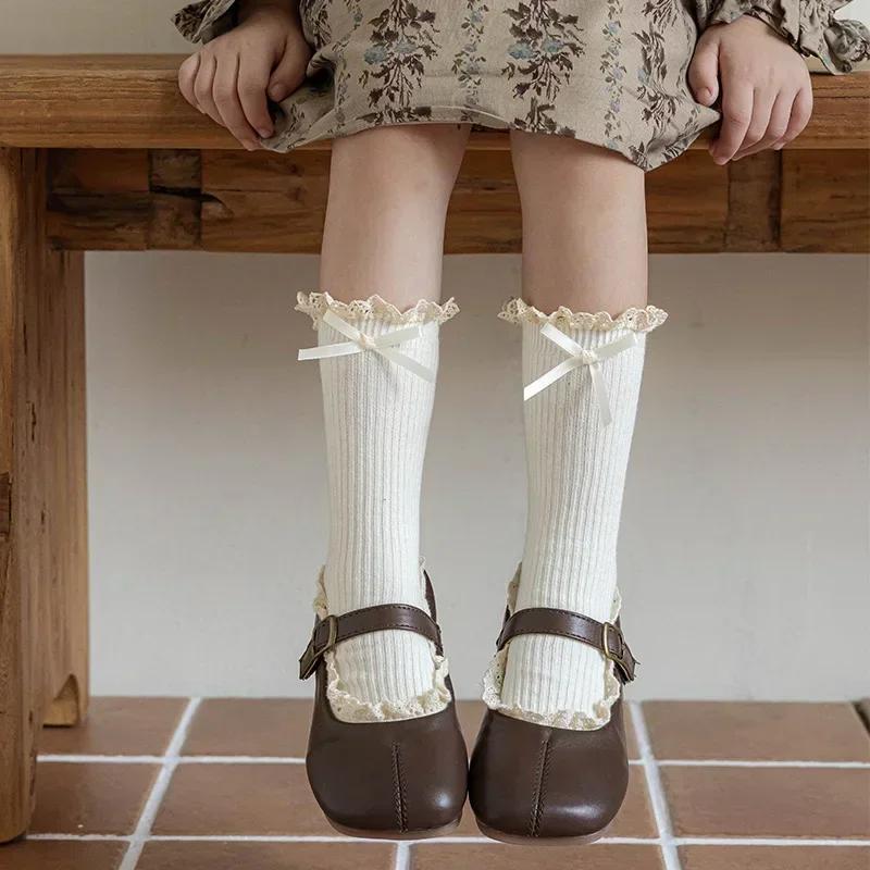 Retro Lace Bow Calf Sock for Kids Girl Sweet Beige Coffee Color Bow Ruffle Sock for Children Spring Autumn Cotton School Sock