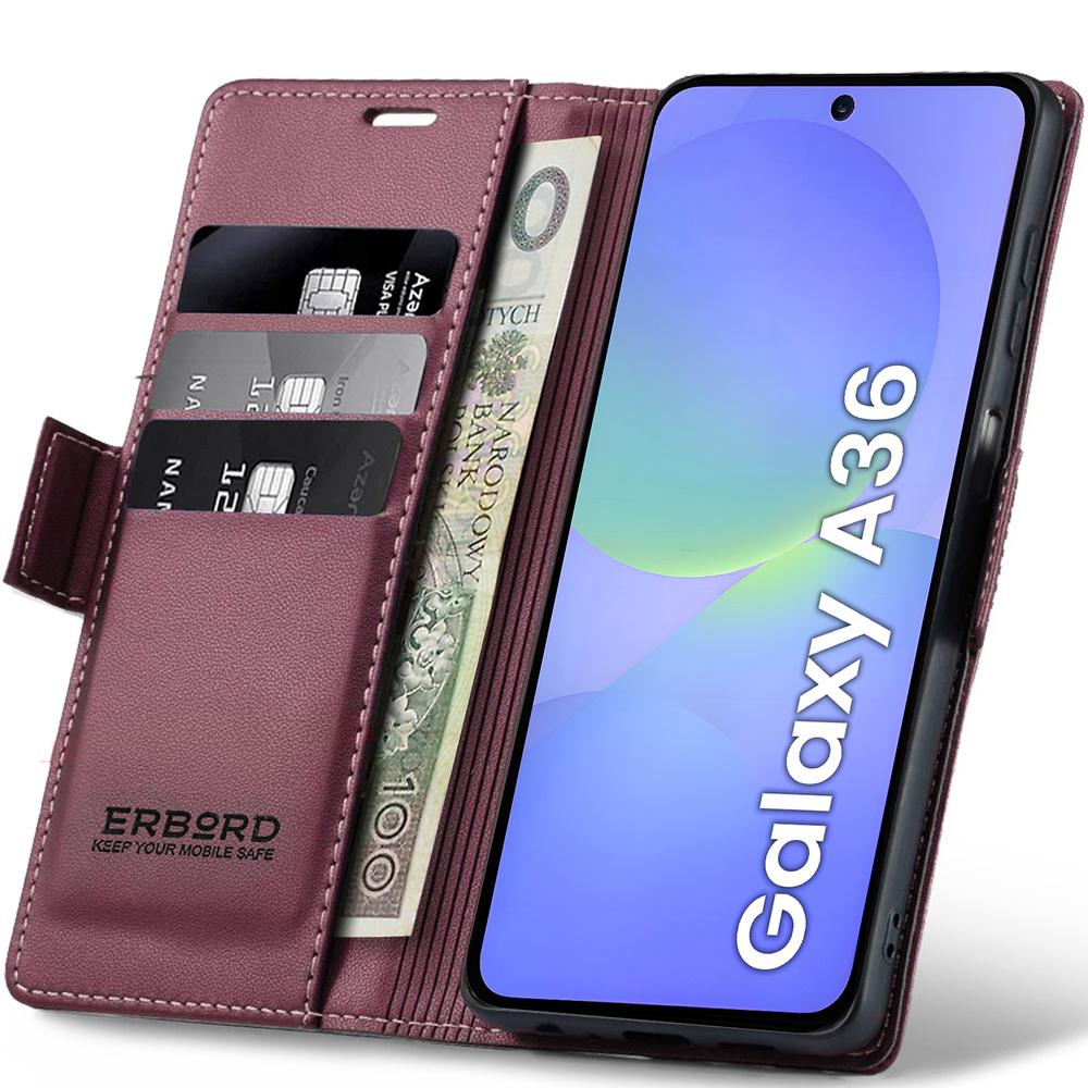 Samsung Galaxy A36 5G Case, ERBORD Glossy Litchi, Wallet with Flip, Red