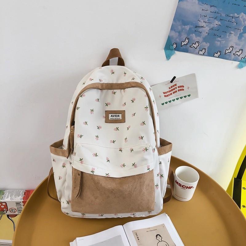 Blocked Fashionable Color Flower Pattern Letter Decor Student Backpack Casual