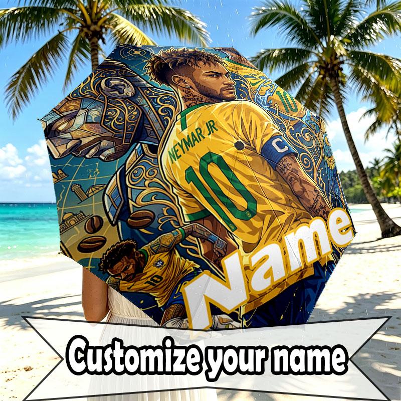 Custom Name Personalized Neymar Jr Print Umbrella, Auto Open Close, 8‑Rib Sturdy Frame, Commute Camping Hiking Use, Birthday Gift