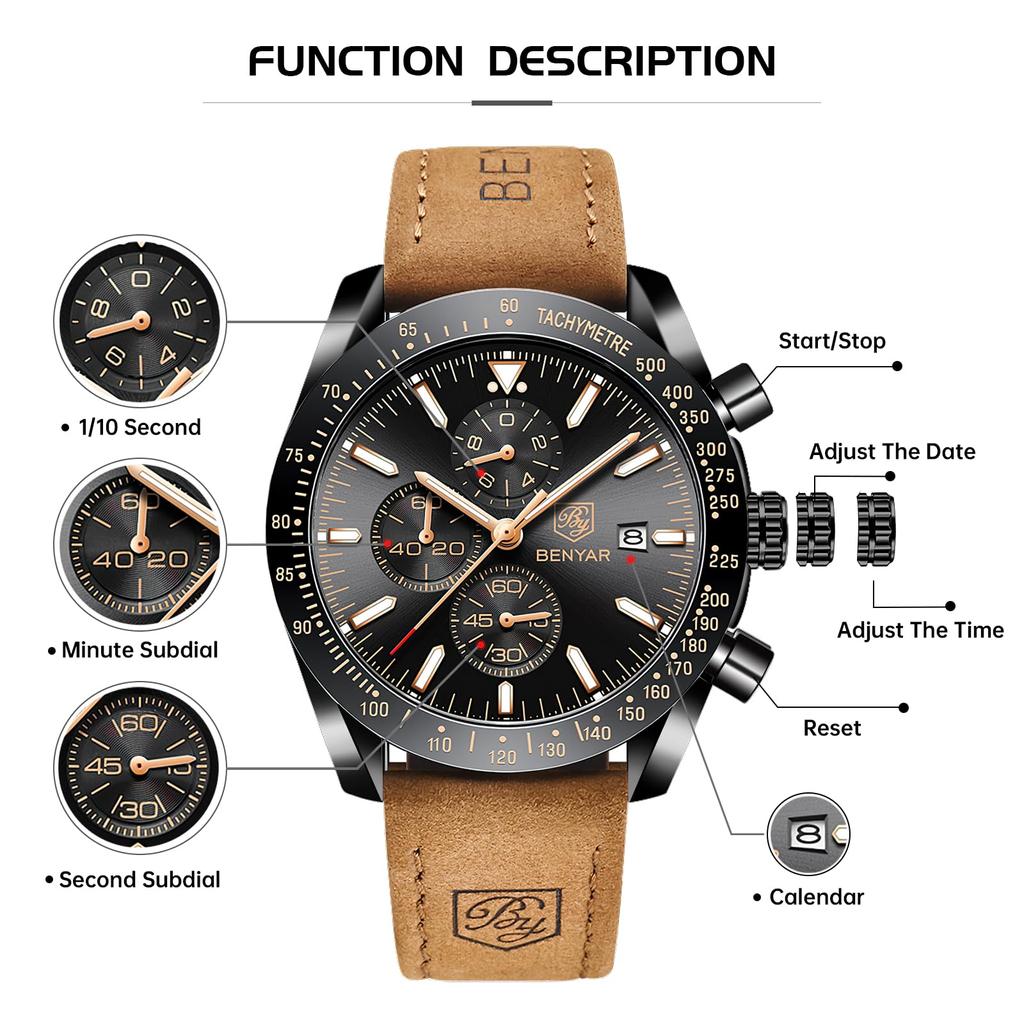 BY BENYAR Watch Watch Chronograph Analog Watch 30M Water Resistant Business Simple Stylish Popular Formal Leather Belt Quartz Watch Gift for Men Men's