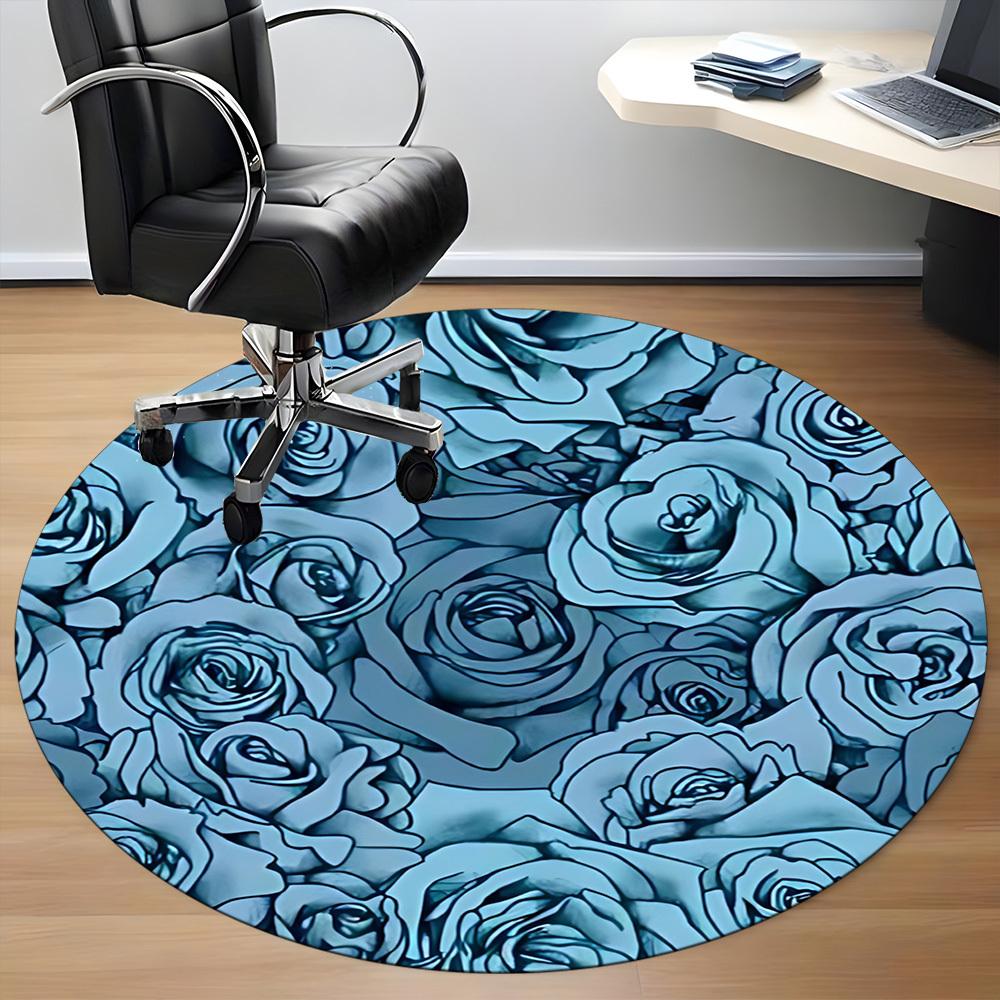 1pc Blue Roses Floral Office Round Area Rug, Indoor Mat Suitable For Office, Under Office Chairs Bedroom Living Room Home Decor, Room Deco