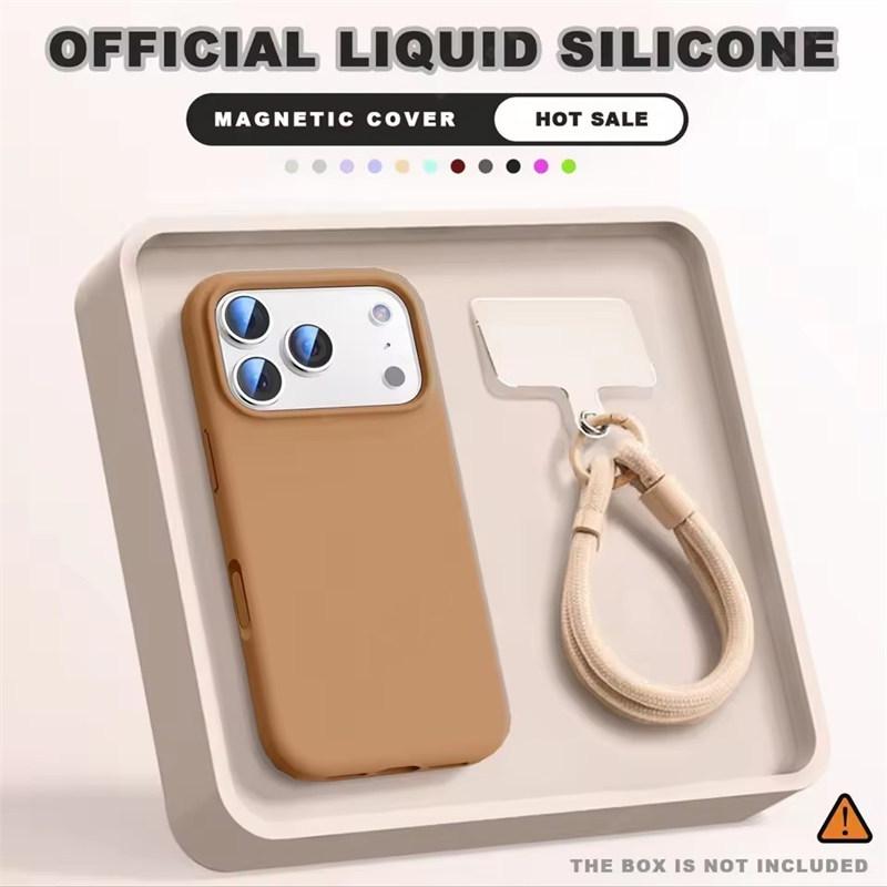 Чехол-бампер с ремешком на запястье и магнитом для iPhone 16E 14 15 Plus 12 13 16 17 Pro Max Air Magsafe Жидкий силикон Чехол-ремешок