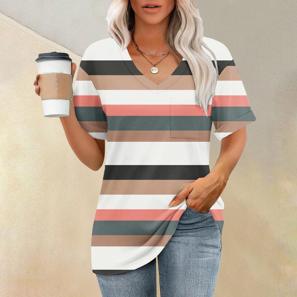 Модный топ с карманом, V-образным вырезом, коротким рукавом, полосатым принтом, футболка