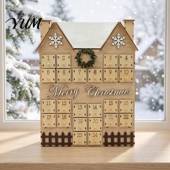 Festive Desktop Decoration Wooden House Christmas Advent Calendar, with 24 Drawers, Countdown to Vintage Style Decor Gift Box, Refillable Xmas