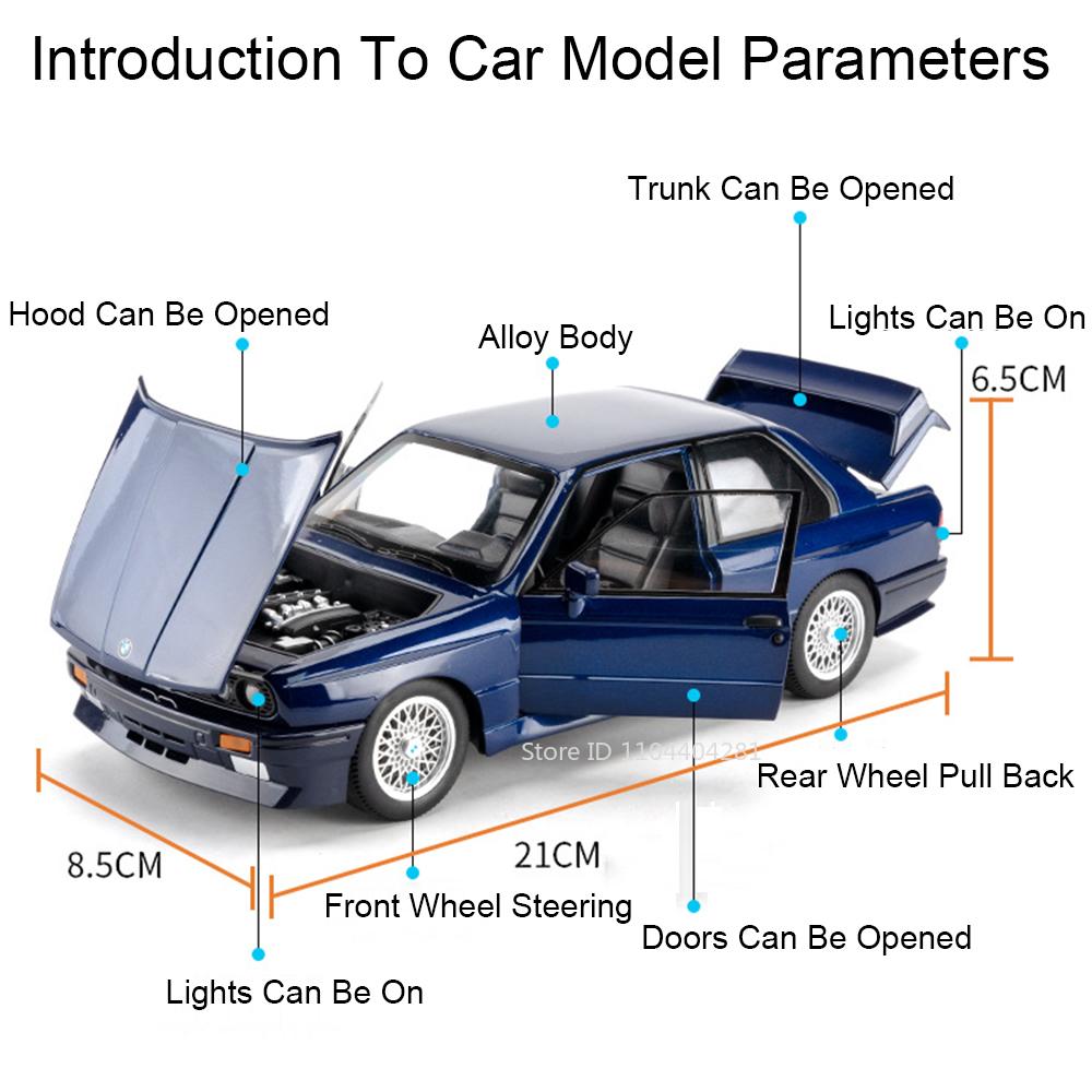 1:24 M3 THE7 Alloy Car Toys Model Diecast Metal Vehicle Doors Opened with Sound Light Pull Back Models Toy Boy's Christmas Gifts