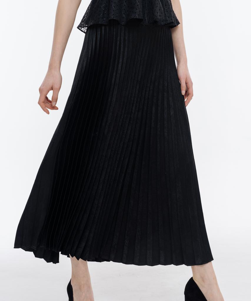 Ish Wrinkle-Free Easy Care Silky Basic Long Pleated Skirt (Black)