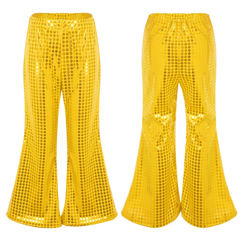 Детская стильная одежда для мальчиков и девочек, расклешенные брюки с эластичным поясом, блестящие брюки с блестками для выступлений на сцене