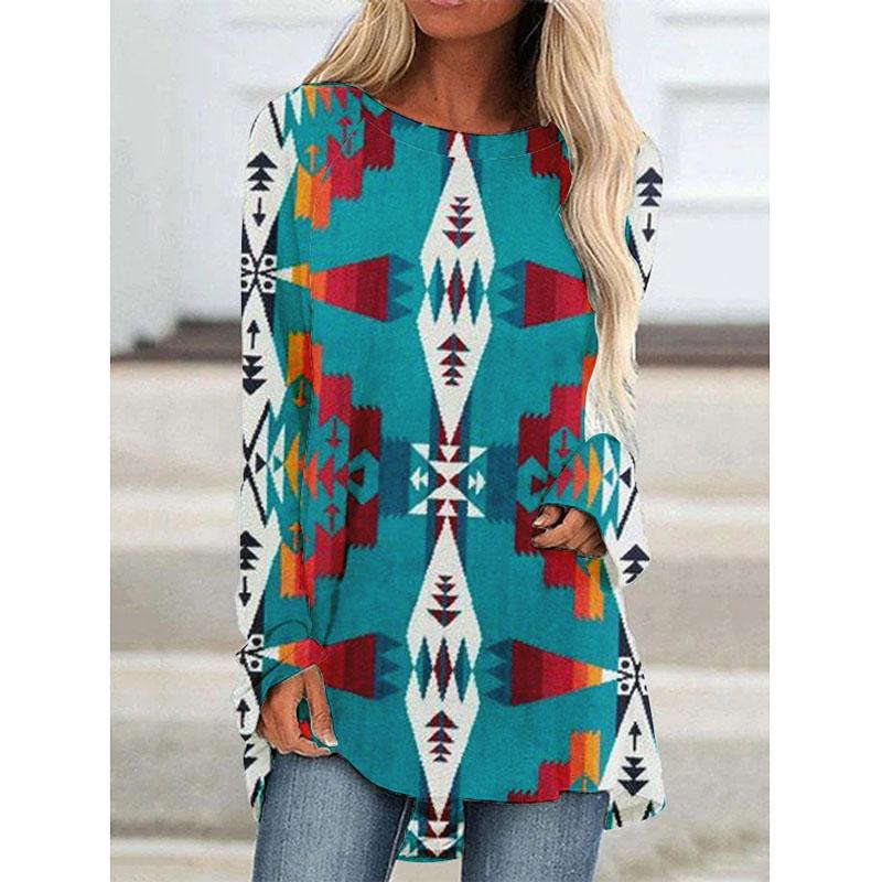 Футболки с длинным рукавом с принтом Western Aztec Ethnic 3D, богемные женские винтажные модные футболки, свободные уличные женские футболки, топы