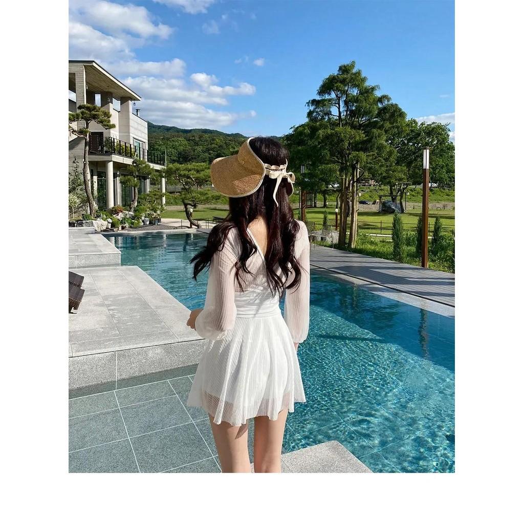 Women's Summer New Slimming Lace Long Sleeve Swimsuit Slim Fit One-Piece Bathing Suit Conservative Style