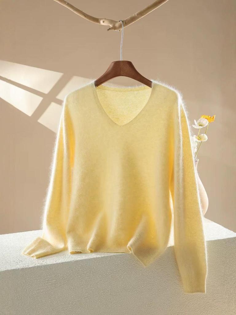 Women's V-Neck Loose Fit Brushed Cashmere Sweater - Autumn/Winter Collection, Seamless Solid Color, Soft and Skin-friendly.