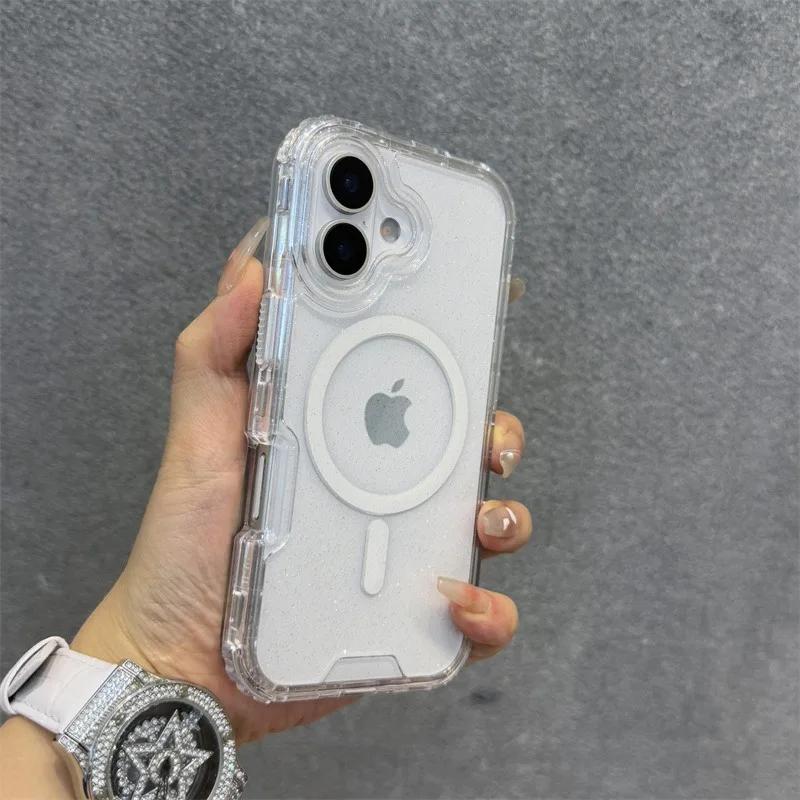 Блестящий чехол с ремешком-шнурком на запястье для For Iphone 16 1 14 Pro Max Plus 11 12 13, прозрачный, с магнитом