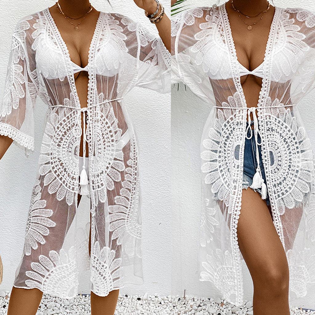 Женское бикини, накидка с цветочной вышивкой, прозрачное кружевное пляжное кимоно для купальника, купального костюма, летней одежды