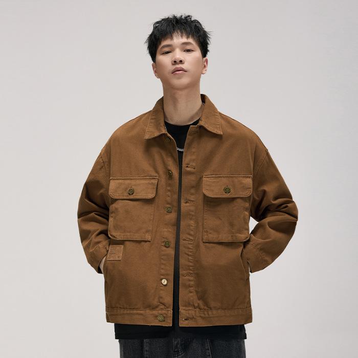 Trendy Brand American Retro Heavy Casual Denim Jacket Men'S Loose Multi-Pocket Tough Guy Tooling Lapel Jacket