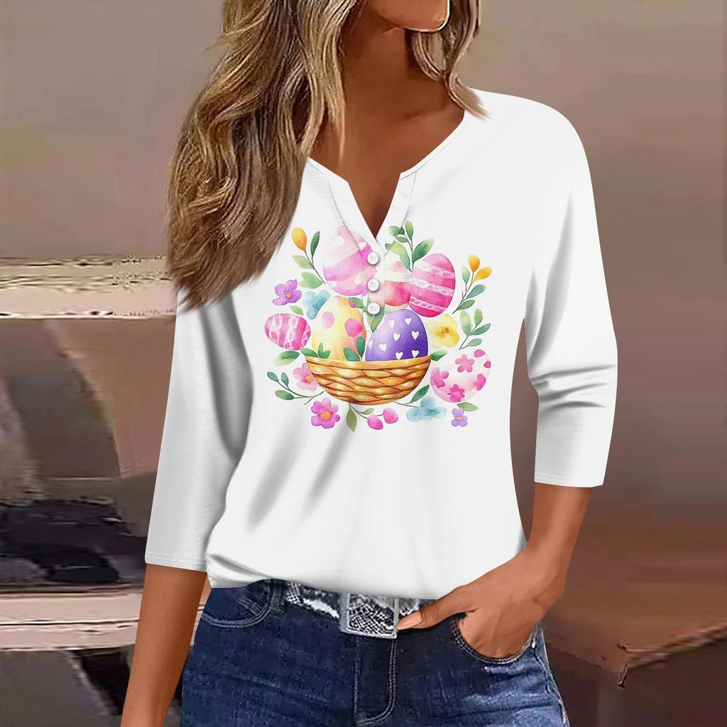 Жен. Футболка Футболка С принтом Пуговицы Рукав 3/4 Повседневные Выходные Мода Классический V-образный вырез Обычный Топ