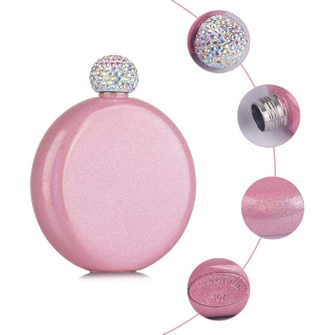 Cute Liquor Flask for Women, Junya 304 Stainless Steel,Pretty Glitter Coating Whiskey Flasks,Shining Rhinestone Cap,Portable Wine Flask for Drink Bar