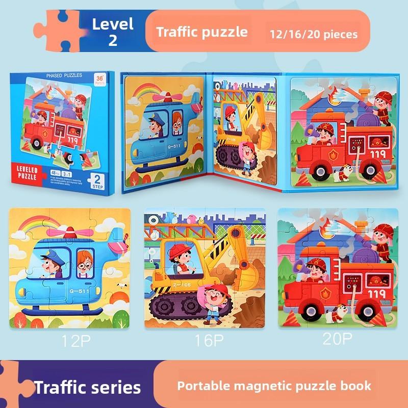 Wooden Childrens Educational Magnetic Foldable Puzzle Book For Animal And Traffic Recognition