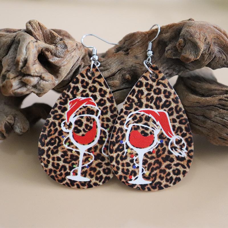 European and American Christmas Leopard Print Leather Wine Glass Teardrop Earrings