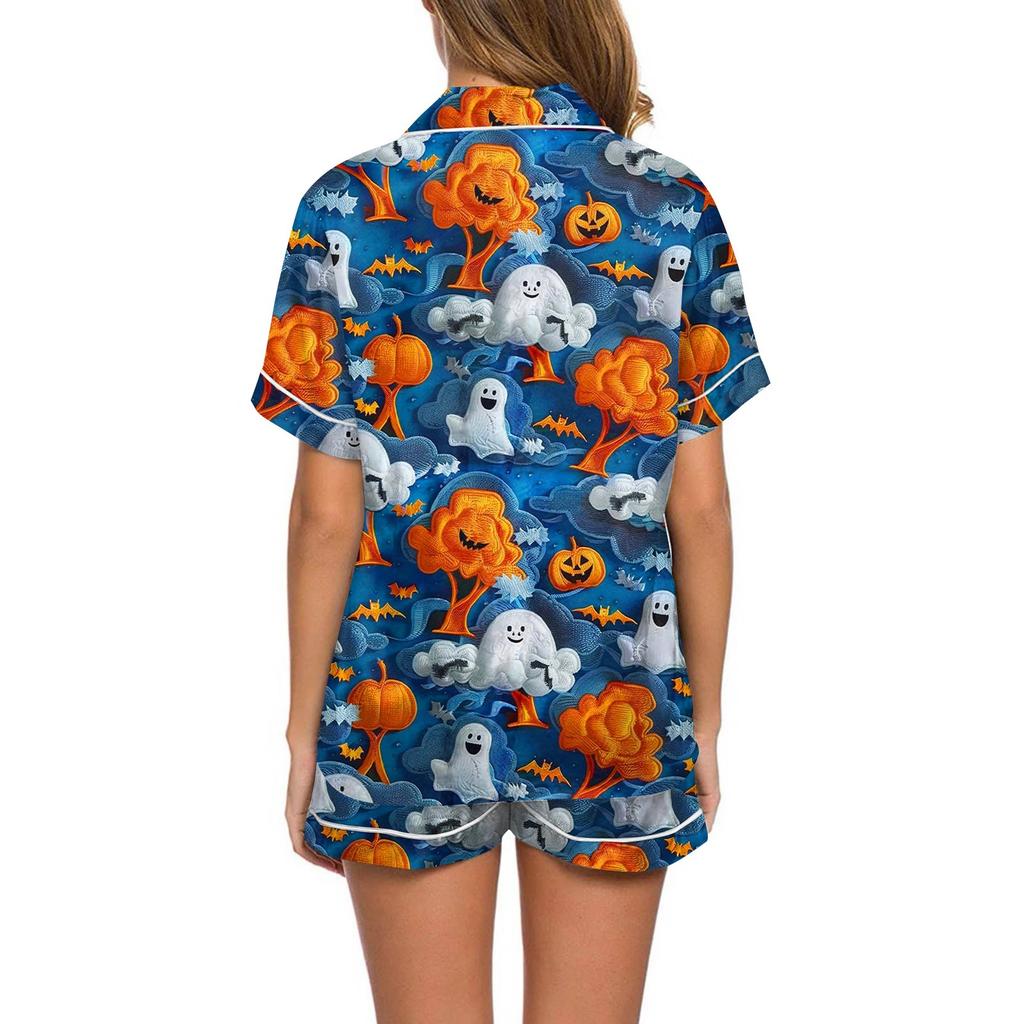 Женский повседневный модный домашний костюм с принтом на Хэллоуин, с коротким рукавом