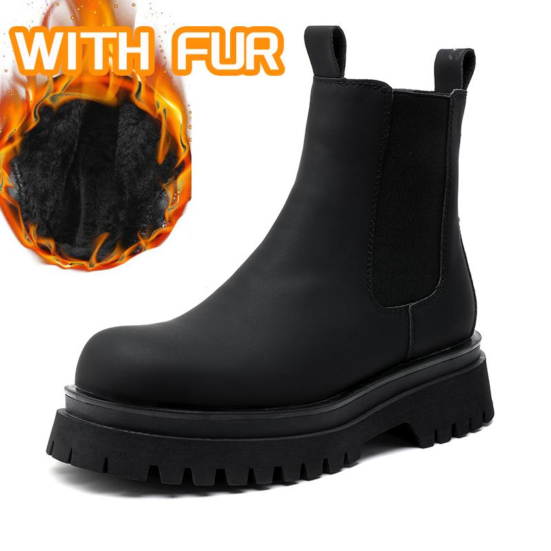 Новое поступление Кожаные мужские ботинки челси Толстая подошва Круглый носок Короткие ботинки Зимняя обувь Ботас Теплые плюшевые Снежные ботинки Обувь с высоким верхом