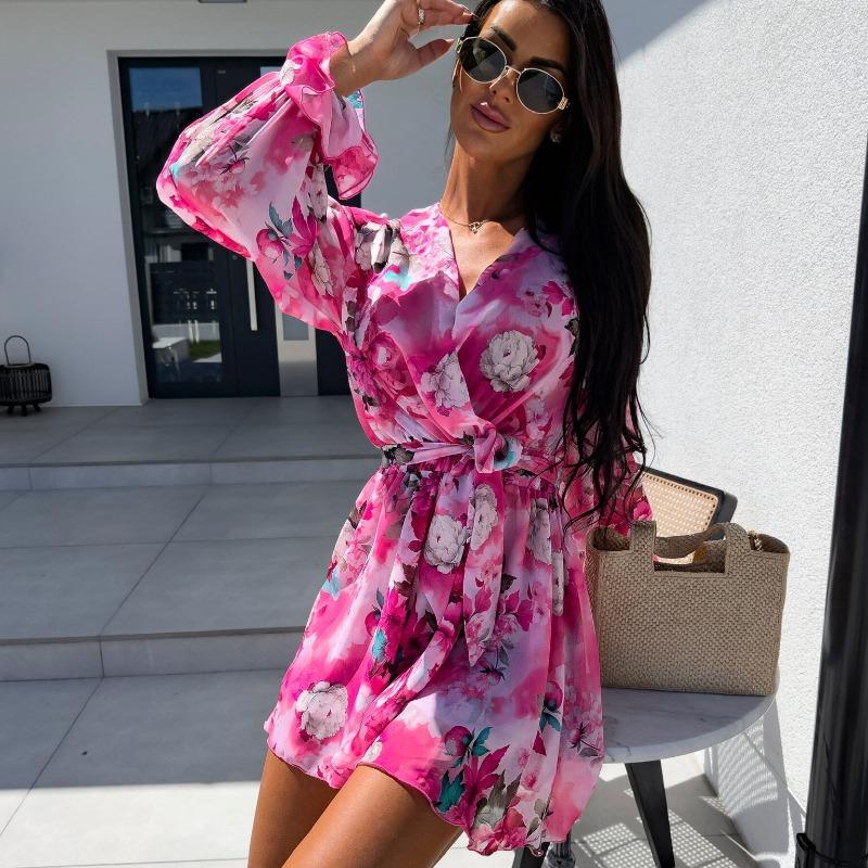 Новые модные винтажные комбинезоны с пышными рукавами и цветочным принтом, женские элегантные облегающие повседневные женские комбинезоны с V-образным вырезом и шнуровкой, летние боди для офисных леди 26160