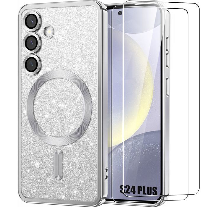 Protective Case - BOOLING - for Samsung Galaxy S24 Plus - Silver - Magnetic Ring - 2 Tempered Glasses